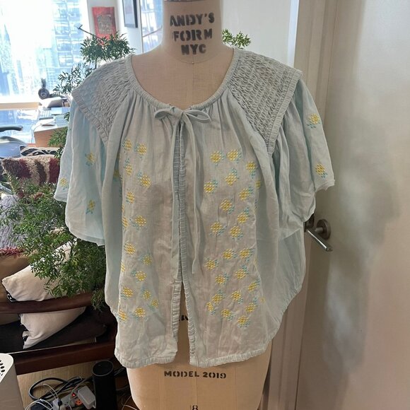 INNIKA CHOO  Embroidered Linen Smock Blouse  in Sea Mist One Size - Picture 10 of 16